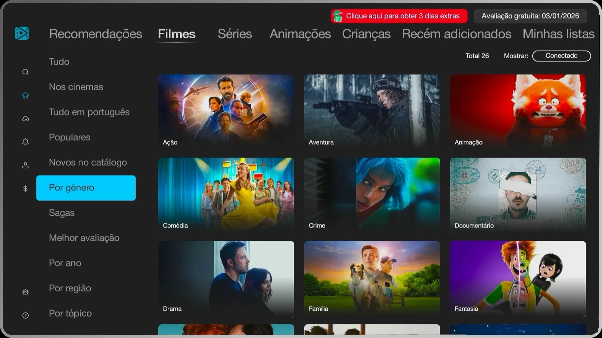 Interface do Nexo Cine com navegação por filmes, séries e animações e catálogo organizado por gênero.